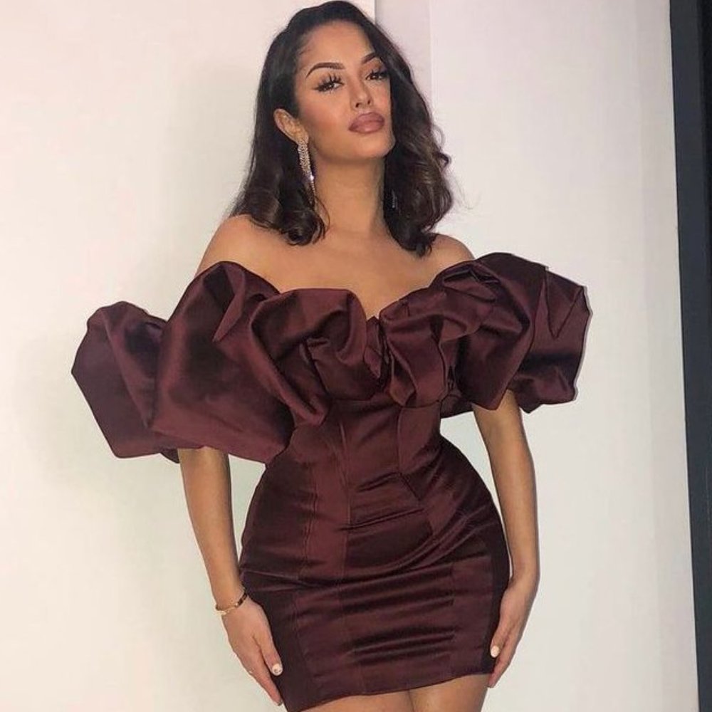 HOUSE OF CB 'Selena' Raisin Satin Puff Shoulder Dress - Picture 7 of 13